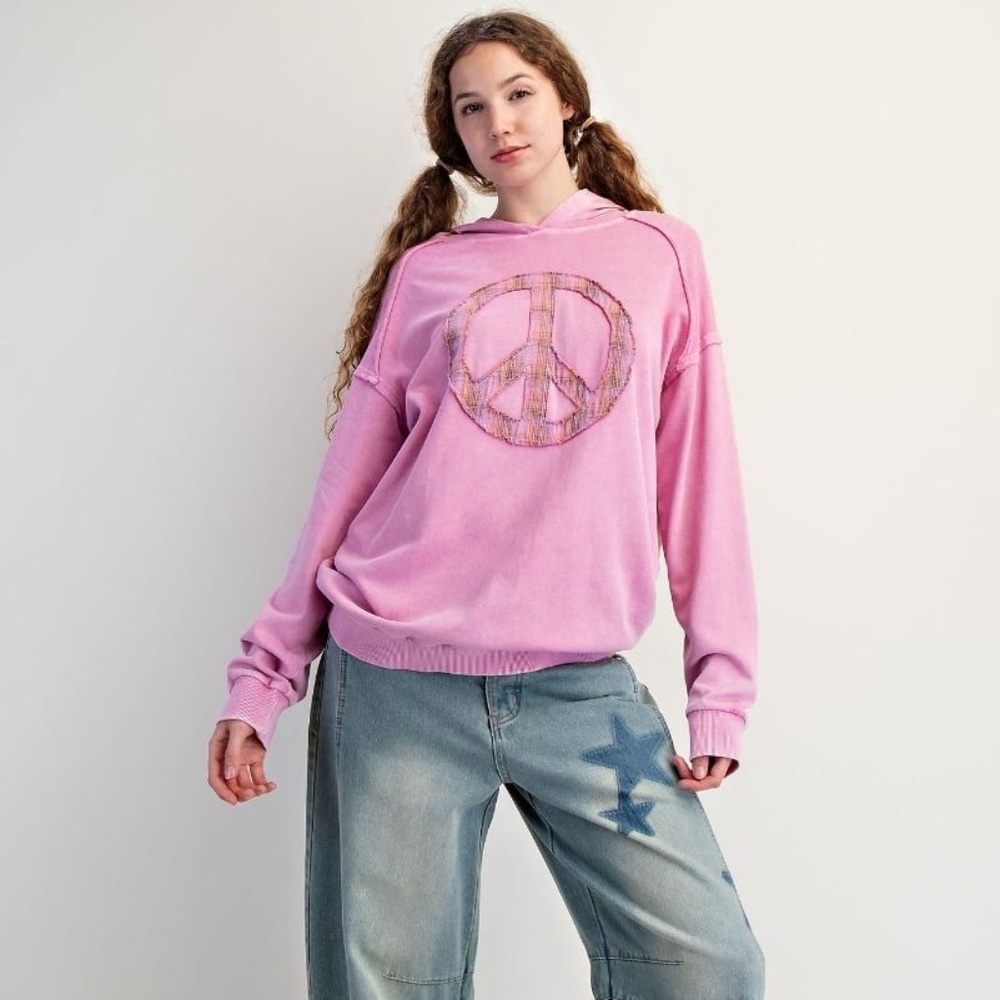 NEW EASEL CLOTHING WASHED TERRY KNIT PULLOVER PEACE HOODIE Pink SWEATSHIRT